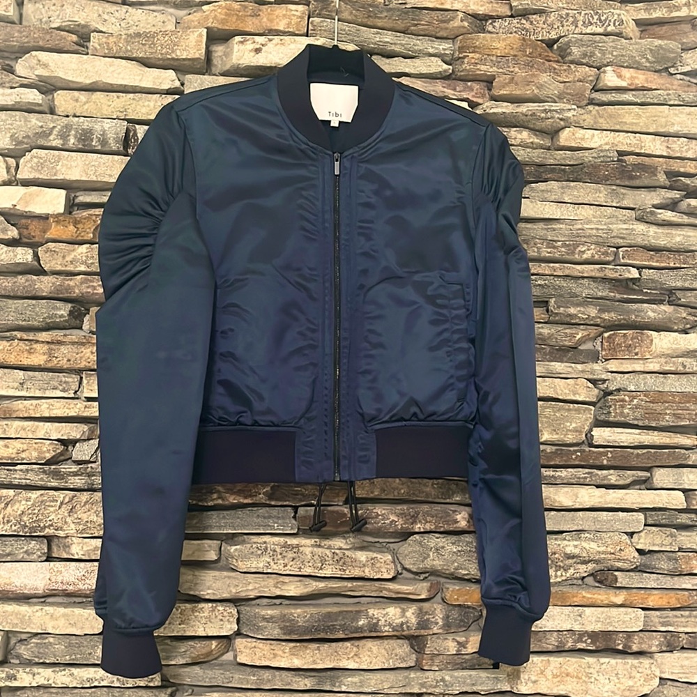 Tibi Navy Satin Bomber Jacket - Picture 2 of 7